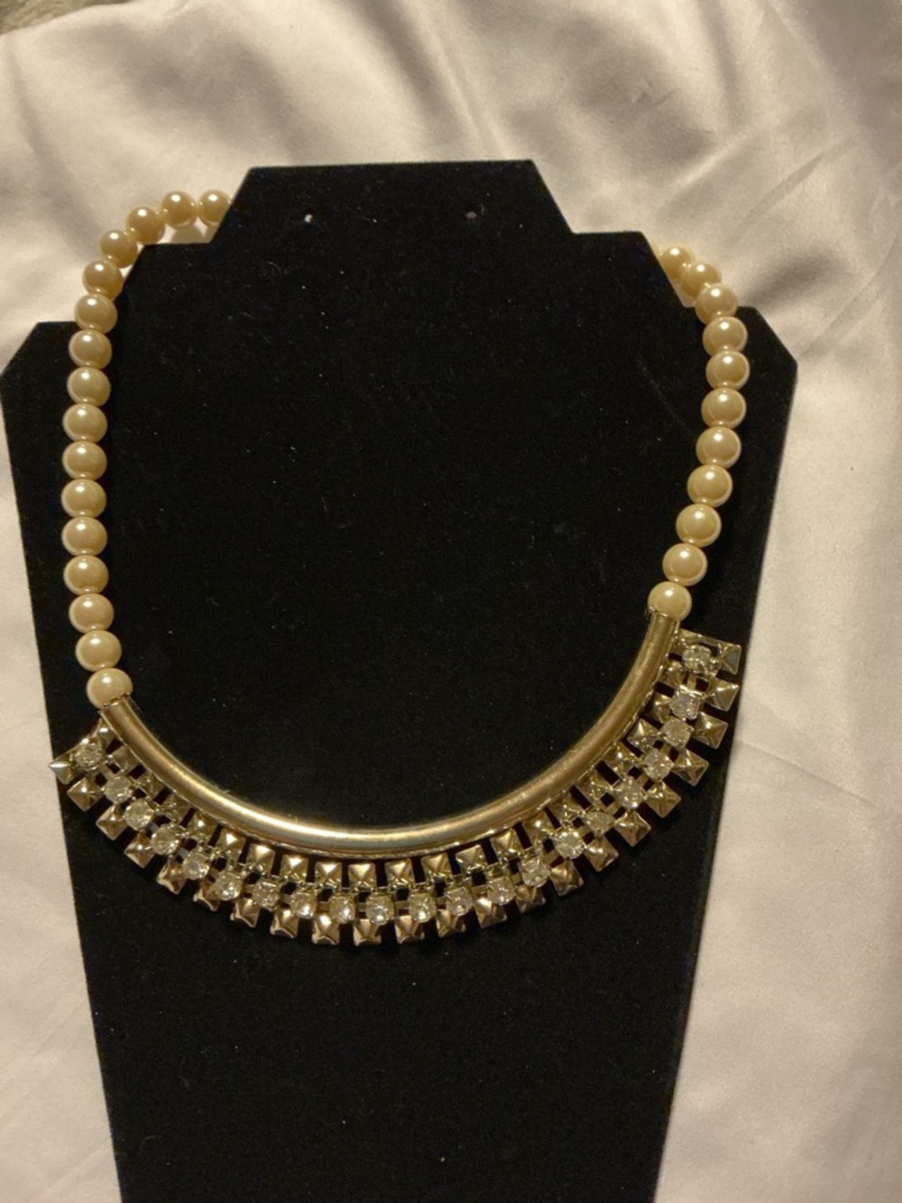 Gold Pearl Statement Necklace Rhinestone Fringe Bib Collar